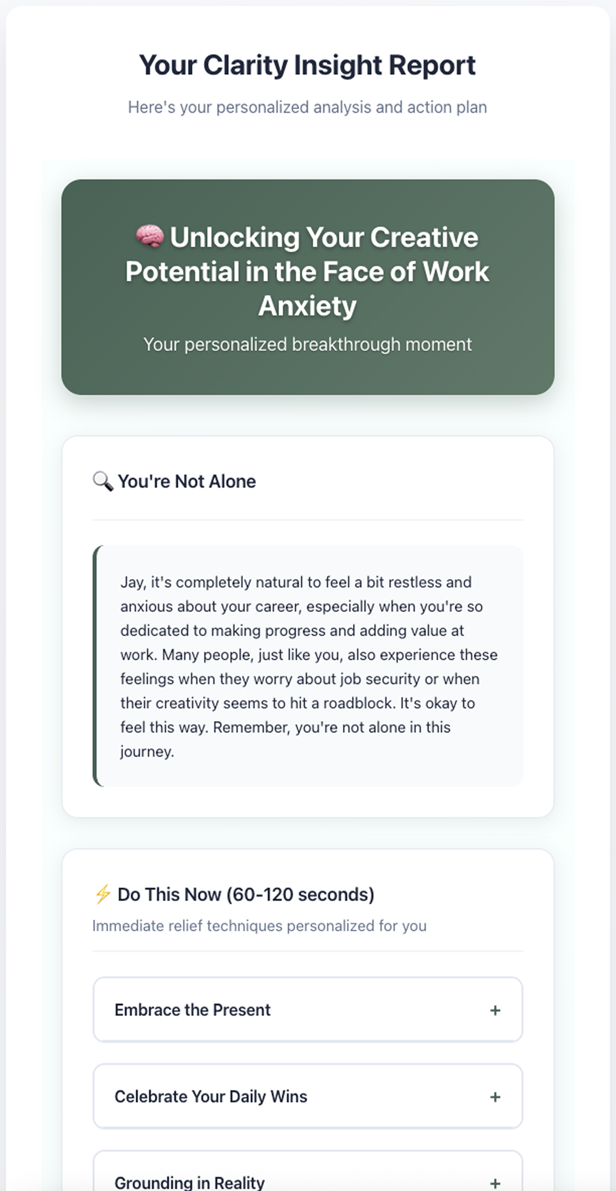 Clarity Unlock app showing personalized insights and tools